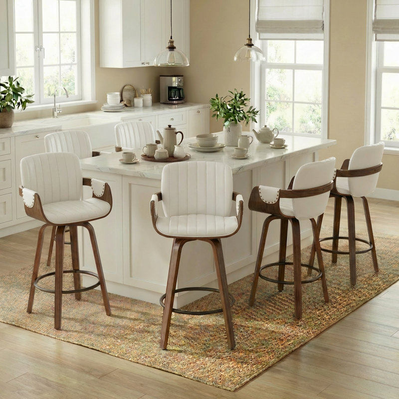Youngstown Upholstered Swivel Counter Stool With Wood Frame, White