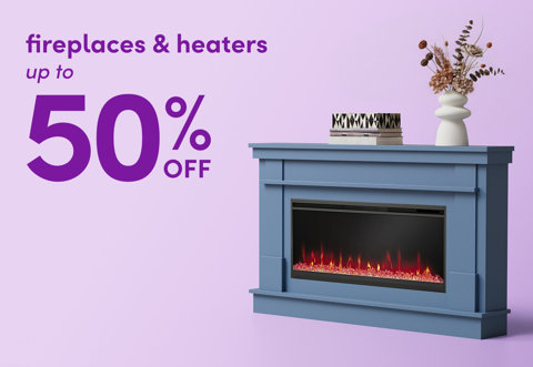 Fireplaces and heaters up to 50 percent off featuring a blue electric fireplace mantel with a decorative vase and books on top against a light purple background.