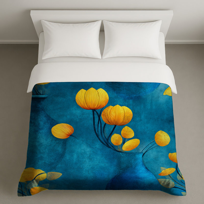 Housse de couette contemporaine fleurs jaunes, Lit simple