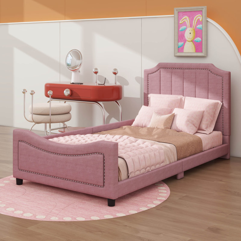 Lit de jour simple rembourré avec tête de lit rayée intemporelle, Rose