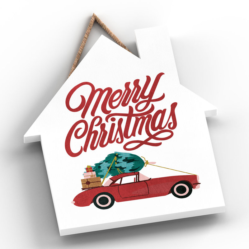 Xmas Merry Christmas Car Wooden House Plaque, 18.5cm H x 16cm W x 0.9cm D