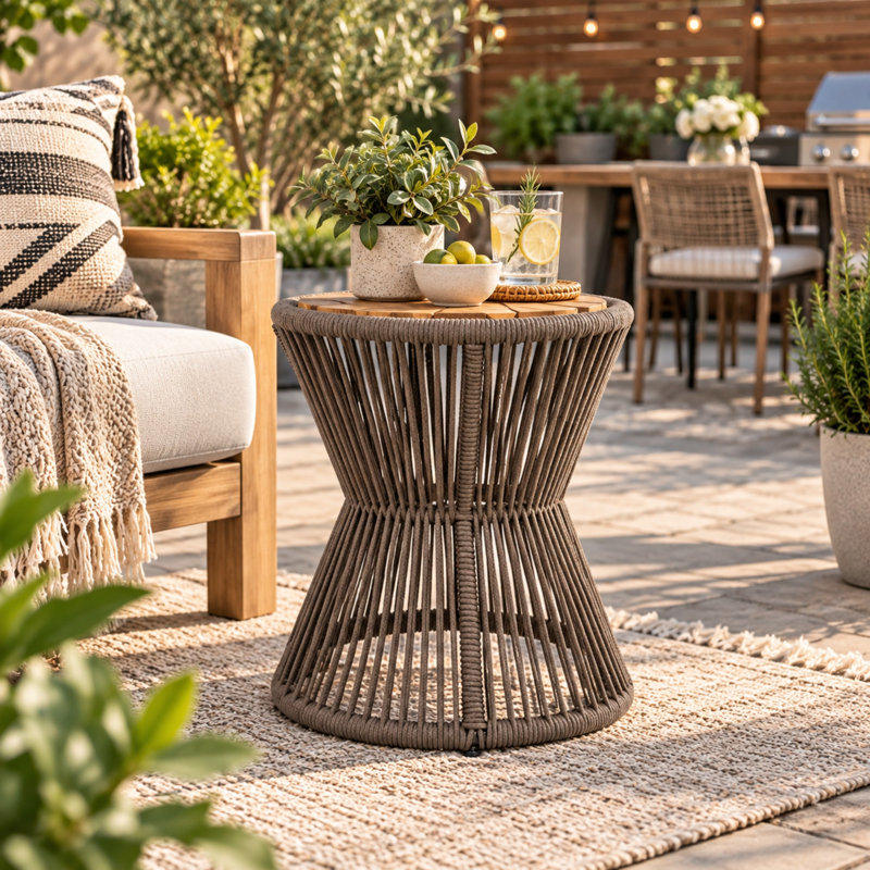 Table d'appoint de patio Atuvhel 48 cm (18,9 po) avec dessus en bois massif, piètement en corde et structure en fer, Gris