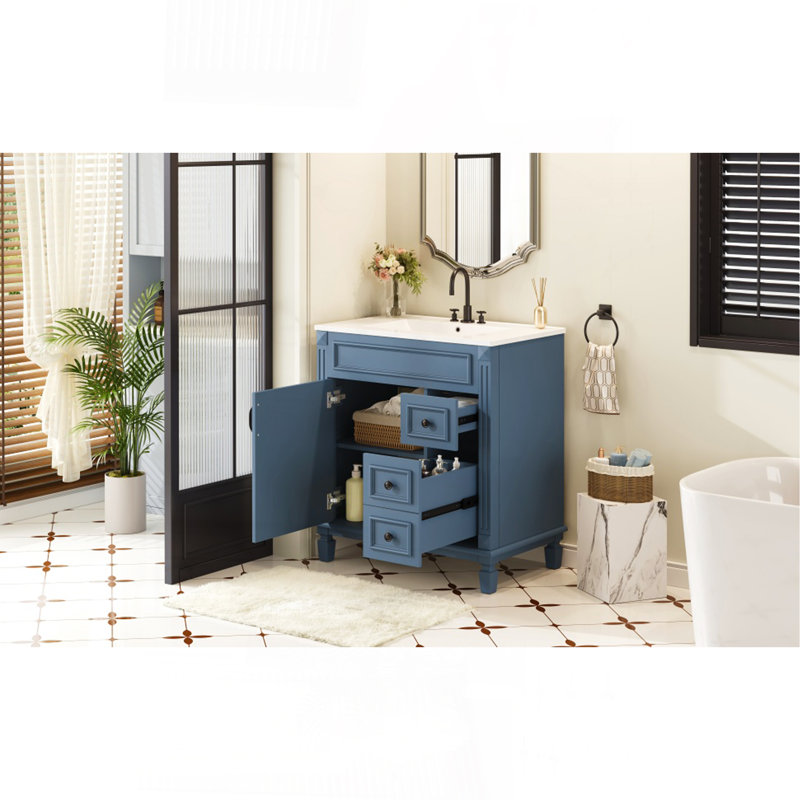 Meuble-lavabo de 30 po avec lavabo en céramique, petite armoire de salle de bain, armoire moderne avec 2 tiroirs et tablette réglable