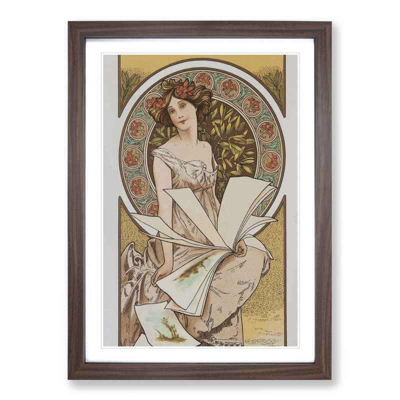 Chamenois Caldenar by Alphonse Mucha - Picture Frame Painting, 65cm H x 48cm W x 2cm D, Walnut Framed