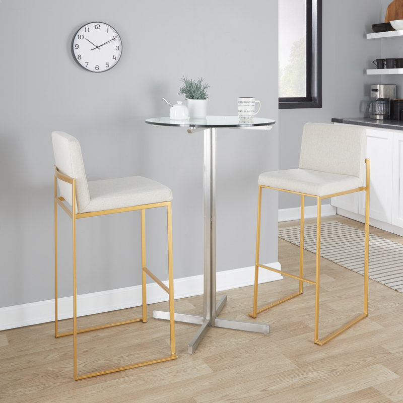 Brieon High Back Upholstered Bar & Counter Stool (Set of 3), Beige Fabric/Gold, Bar Stool (30" Seat Height)