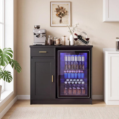 Farmhouse Coffee & Wine Bar Cabinet, 42" Home Bar with Mini Fridge Space (Fits 24" Fridge) - Storage Buffet Cabinet - Built-in Power Strip, 2 Outlets & 2 USB