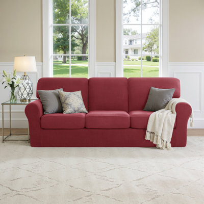 Non‑Slip Multiple Pieces Stretch Couch Covers,Soft Jacquard Washable Sofa Slipcovers, Universal Fit Furniture Protector for Daily Use with Pets & Kids (Sofa,Wine)