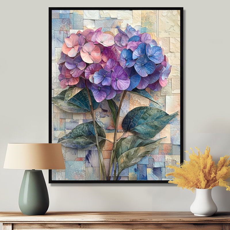 Collage abstrait floral d'hortensia II - art mural hortensia, Noir, Reproduction avec cadre flottant, H 20 po x l 12 po