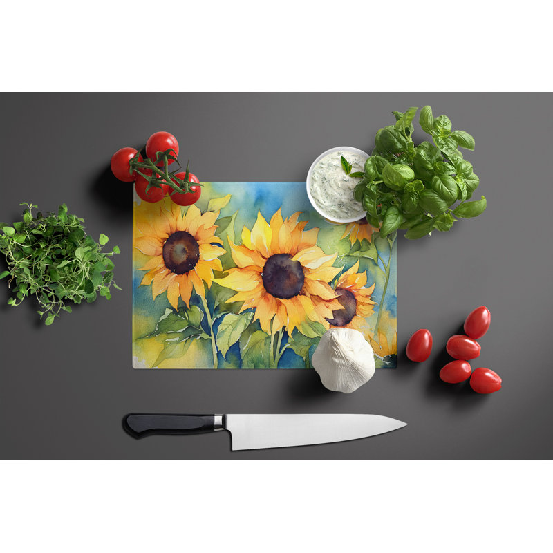 Large Tempered Glass Cutting Board with Sunflower Watercolor Design