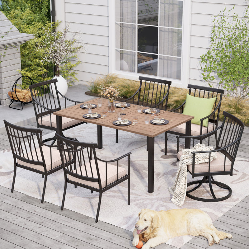 Ensemble repas pour 6 personnes avec table rectangulaire en métal, coussins inclus