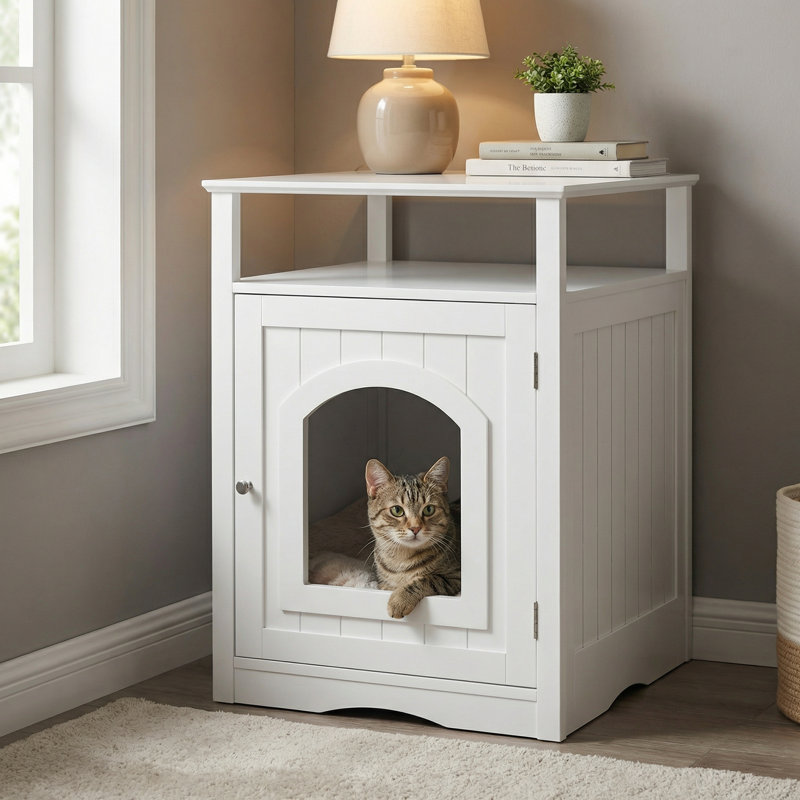 Meuble de litière moderne pour chat avec tablette de rangement et crochet latéral, armoire pour chat caché avec finition blanche pour le salon et la chambre à coucher