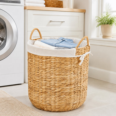 Round Water Hyacinth Storage Baskets, Handwoven Laundry Hamper with Removable Liners