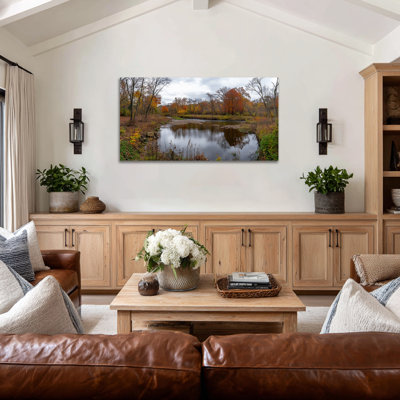 Automne, art mural paysage d'automne - Scène de rivière automnale, décoration murale, art mural rétro sur toile pour salon, cadre en toile de pin tendue, 16 po x 32 po
