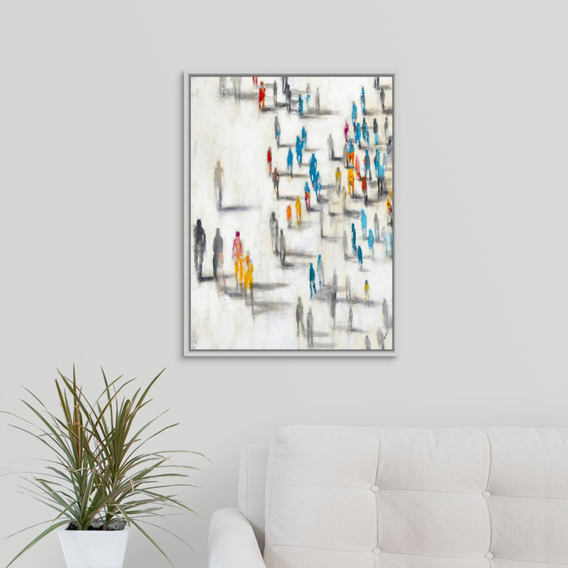«Past and Présent City», peinture sur toile, H 25,7 po x l 19,7 po x p 1,75 po, Cadre flottant blanc