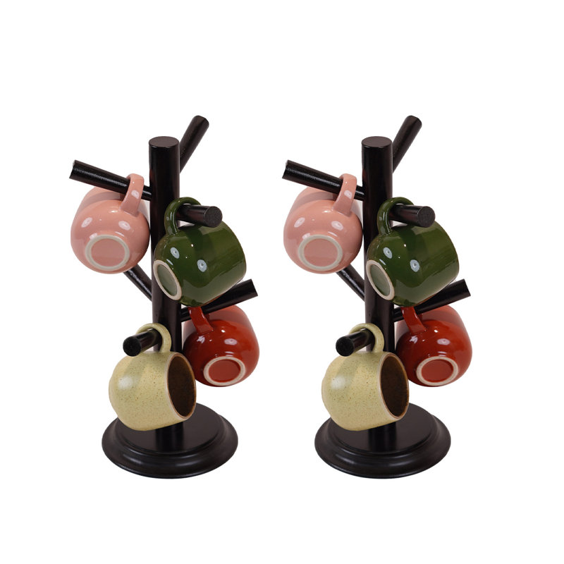 Mug Tree Set of 2 | 13.5"x7"x7", 6 Hooks Cup Holder with Thick Rubberwood Base, Wooden Coffee Mug Holder Stand for Countertop, Kitchen Table, Cup Organizer Rack for Mugs or Utensils