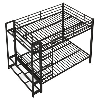 Queen Size Metal Bunk Bed with Storage, Mesh Shelves, Clothes Hooks & LED Light, Black