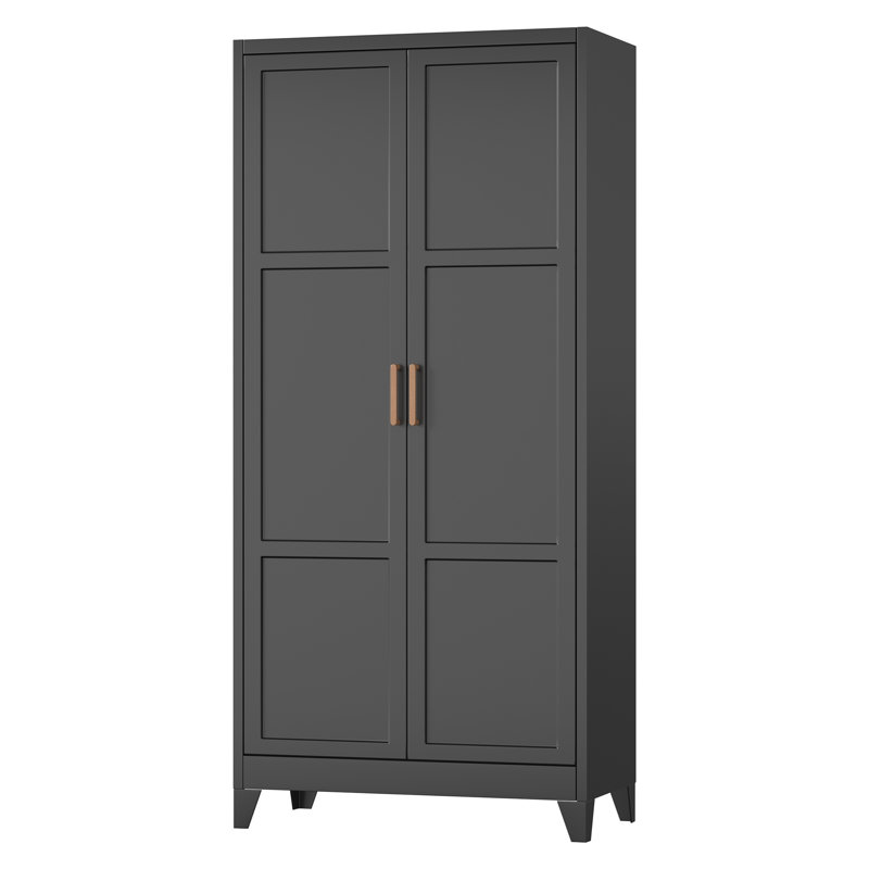 Metal Wardrobe Cabinet with Wooden Handle, 34" Wide Metal Wardrobe Closet with Hanging Rods and Adjustable Shelves(Black)