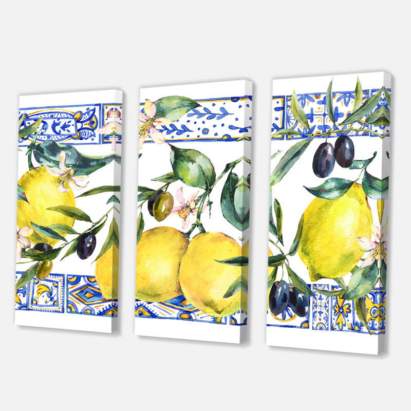 " Lemon Ornament On Blue Geometrical Pattern II " 3 - Pieces Painting Print