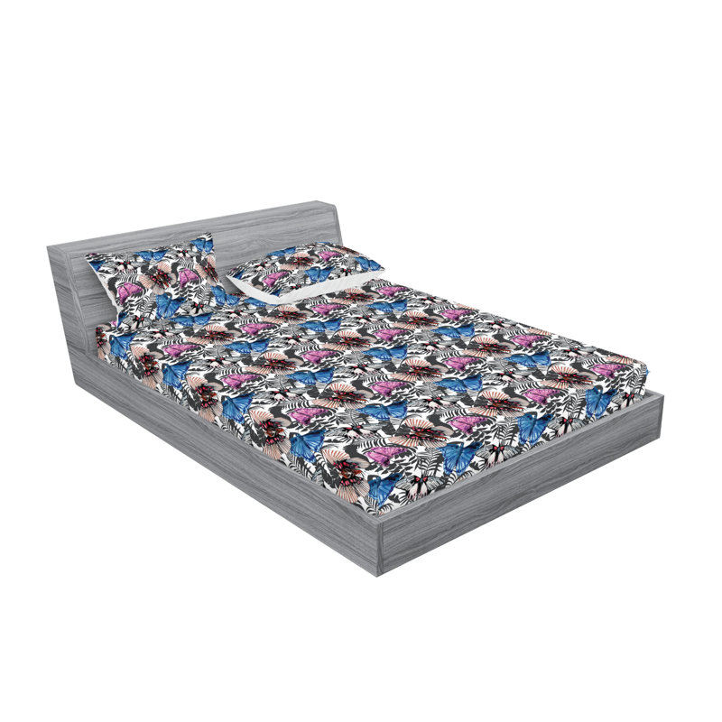 Ambesonne Fitted Sheet & Sham Monarchs Exotic Leafy Art Dark Grey and Sea Blue, King Sheet Set with 2 Pillowcases
