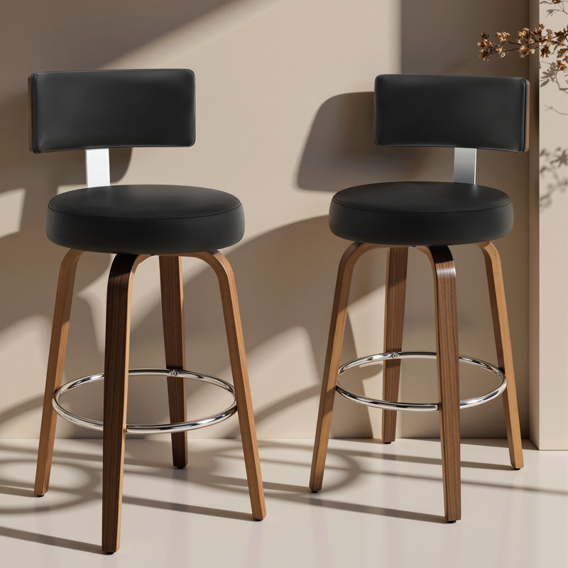 North American Black Walnut Veneer Bar Stool, 360° Rotating Ergonomic Backrest Bar Stool, Black