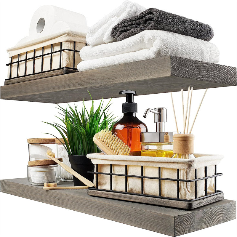 2 Piece Solid Wood Floating Shelf, Gray, 1.2" H x 6.7" W x 24" D