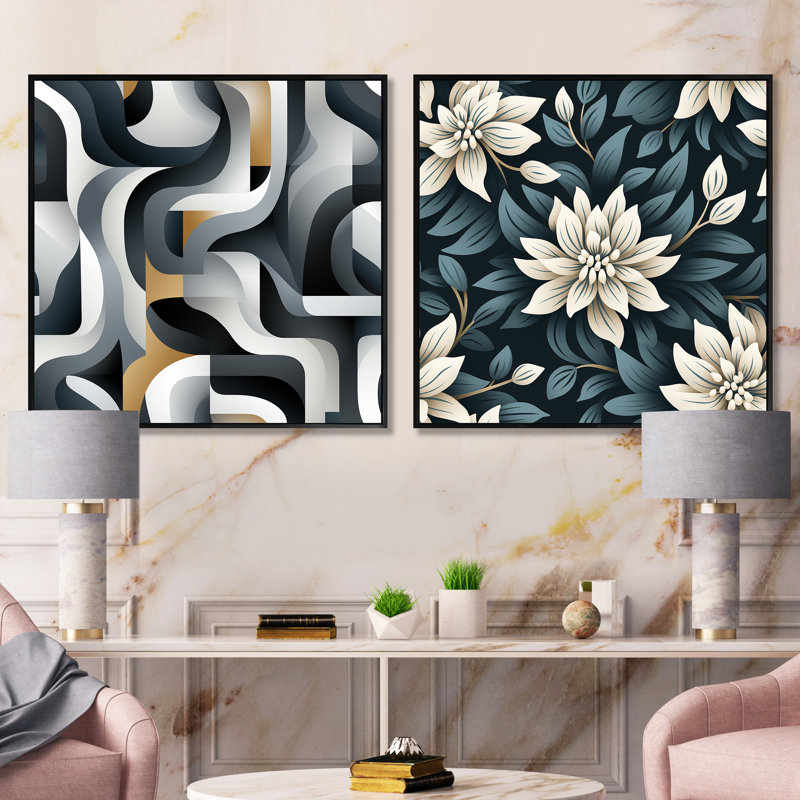 Essence monochrome - Collages abstraits, ensemble de 2 collages carrés, Cadre flottant noir, H 16 po x l 33 po