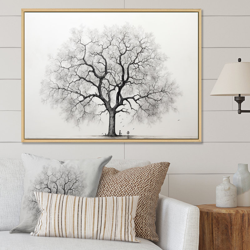 «White and Grey Minimalisme Maple Tree I», reproduction sur toile, Cadre flottant blanc, H 30 po x l 40 po x P 1,5 po