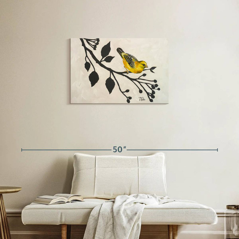 Brampt oiseau jaune sur la branche I, H 20 po x l 30 po