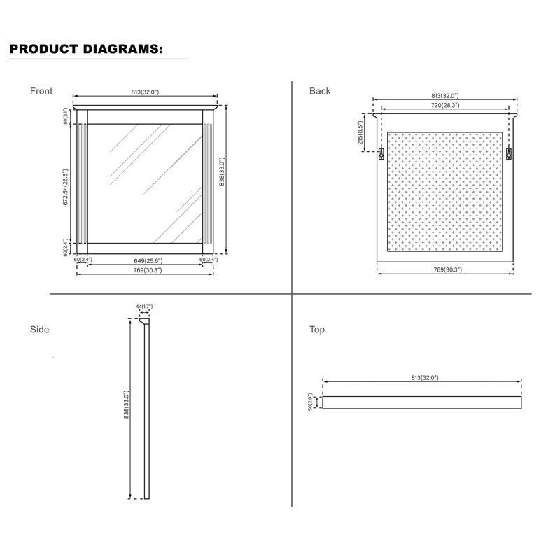 Miroir rectangulaire moderne en bois massif avec cadre H 33 po, 33 po x 32 po, Blanc