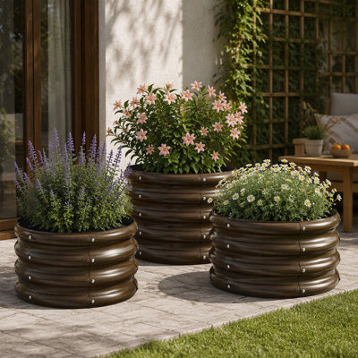 Lot de 3 bacs de jardin surélevés 60 x 60 x 30 cm, jardinières en métal galvanisé avec fini imitation bois, fond ouvert, pour légumes, fleurs, herbes aromatiques et plantes succulentes d'extérieur.