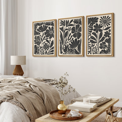 Abstract Botanical "Boho Black And Beige Floral Artwork, Mid-Century Modern Living Room Wall Pictures, Framed Canvas Giclée Print 3 Pieces Wall Art" 16"x24"x3 pcs, 24"x36"x3 pcs, 20"x60"x3 pcs