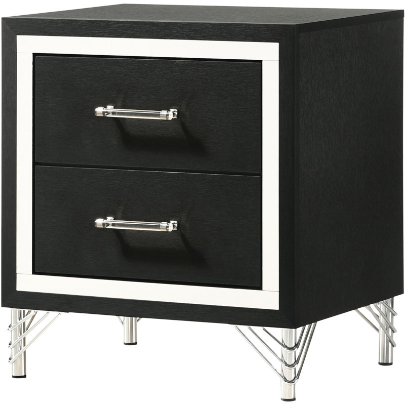 Table de chevet moderne 2 avec finition noire brillante et gestion des articles de chevet avec finition, pieds en épingle pour une organisation personnelle