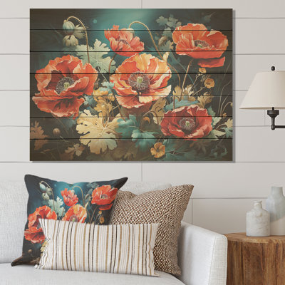 «Red and Green Poppy Reverie I» - coquelicots sur bois