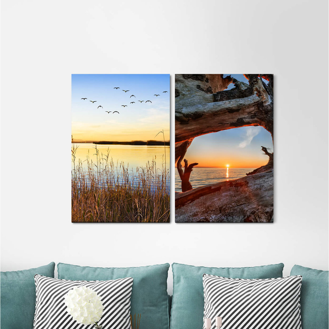 2-tlg. Leinwandbilder-Set - Fotografie "Vogelschwarm Berge Horizont Fliegende Vögel Wolken Meer"