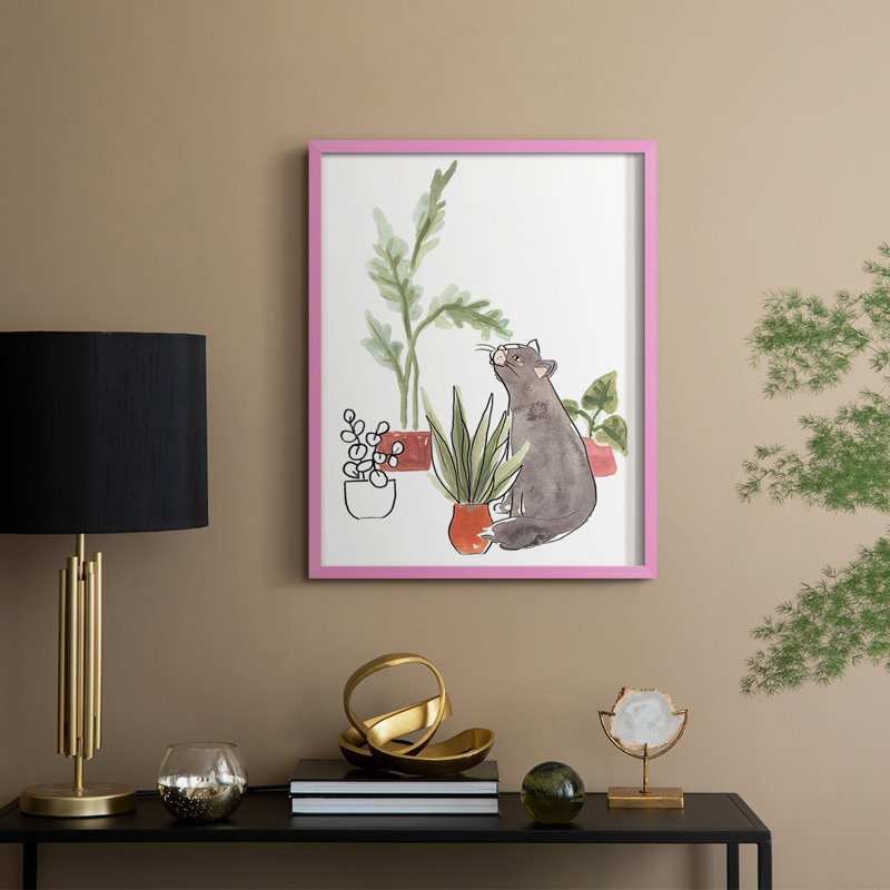 PurrfectPlantsIV Framed Print - Solid Wood, 21" H x 17" W, Pink