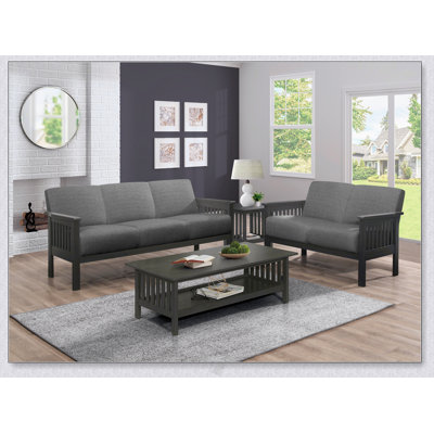 Causeuse de salon classique avec coussin gris, structure en bois d'hévéa massif et style transitionnel pour un confort élégant