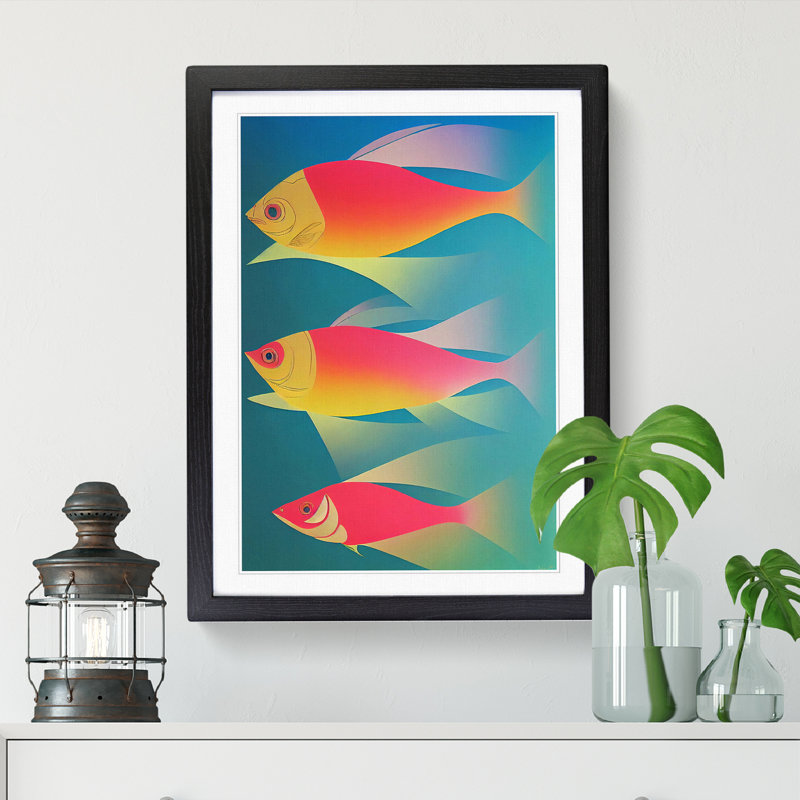 Casiano Fish Cubism - Picture Frame Print, 46cm H x 34cm W x 2cm D, Walnut