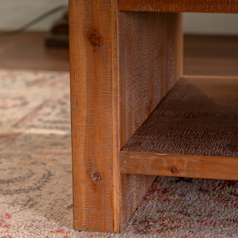 Table basse rectangulaire en bois massif, grande table basse rustique à 2 niveaux avec tablette de rangement, assemblage facile