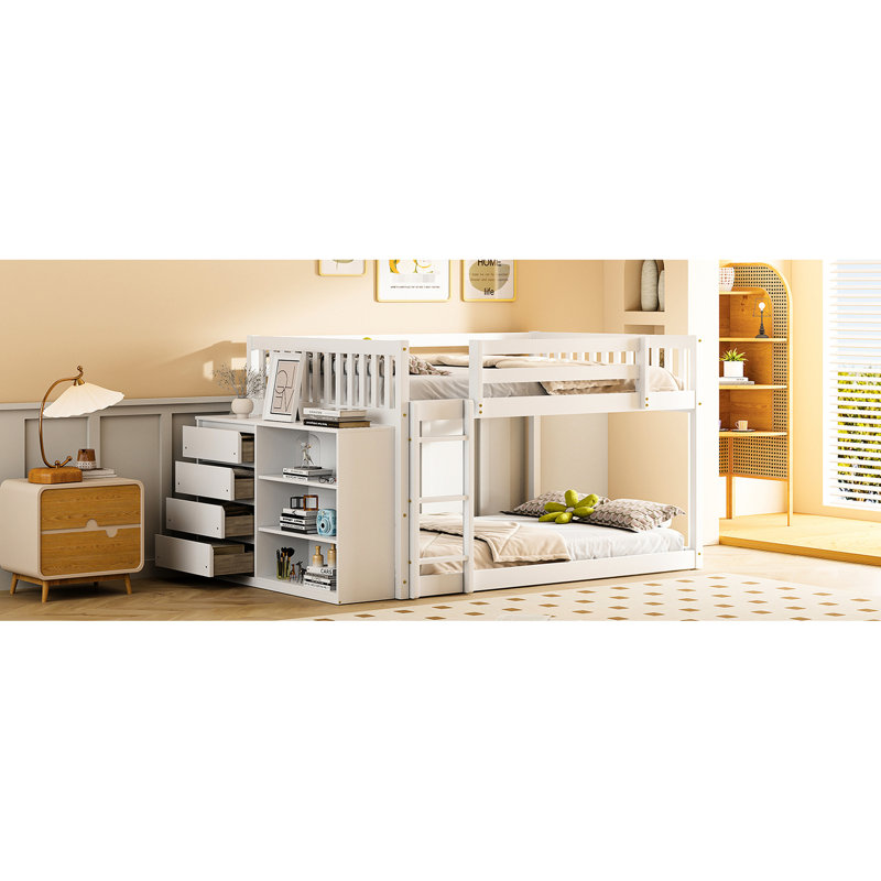 Lit superposé double blanc avec structure en pin massif et nombreuses options de rangement 4 3 tablettes en bois blanc pour rehausser la chambre à coucher
