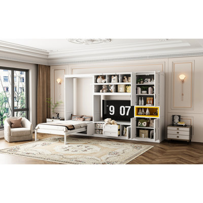 Twin Size Wooden Bed Featuring Tv Stand And Generous Shelf Storage In White - Ideal For Apartments With Ample Small Bedroom Organization