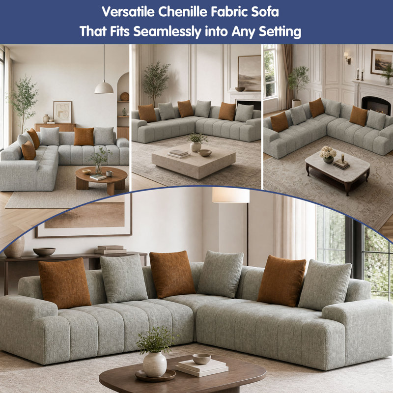 Canapé modulaire rembourré 108 pièces en forme de L 108 po avec 6 coussins décoratifs sans cadre 108 po Chenille