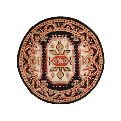 Tapis d'intérieur rond noir noué à la main en soie et laine noir crème