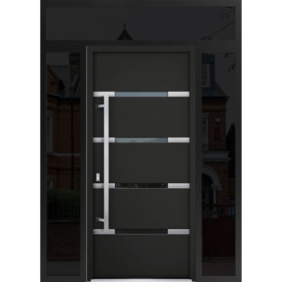 Front Exterior Prehung Steel Door / Deux 1105 Black Enamel / 2 Side and Top Exterior Window Sidelite / Stainless Inserts Entry Metal Modern Painted W14+36+14" x H80+16" Right hand Inswing