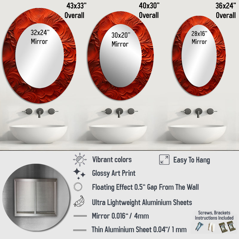 Volcanic Red Fusion Vector 2 - Modern Oval Wall Mirror, 36" H x 24" W
