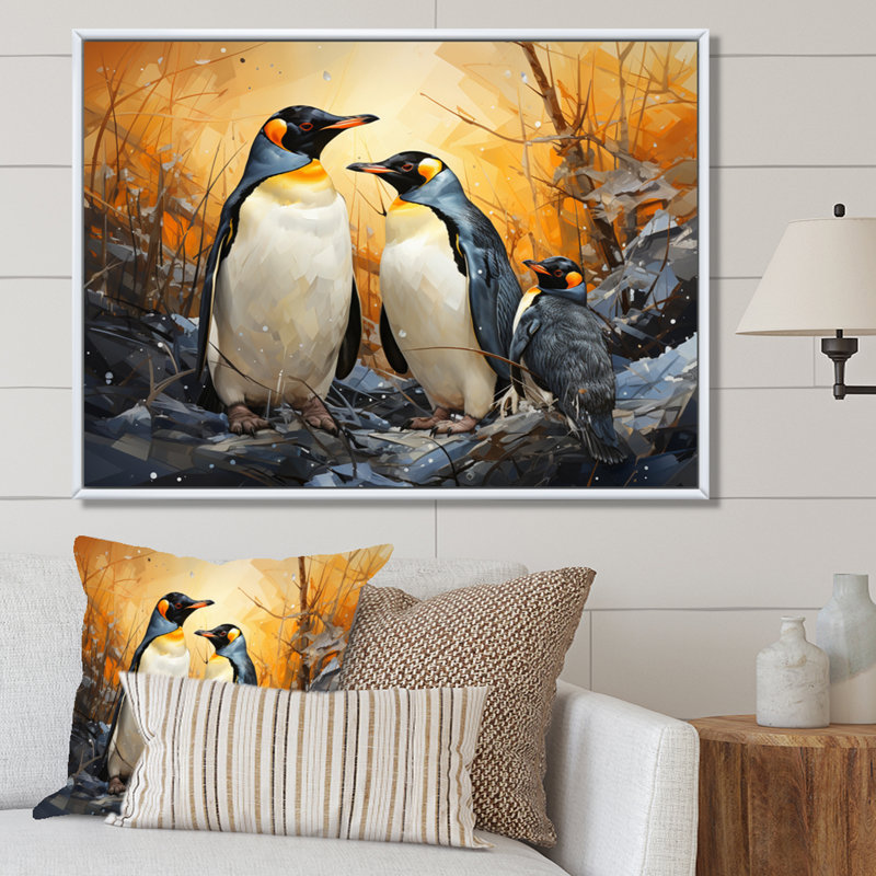 Multicolor Geometric Penguins Journey II - Animals Wall Art Living Room, 16" H x 32" W, Cadre flottant blanc