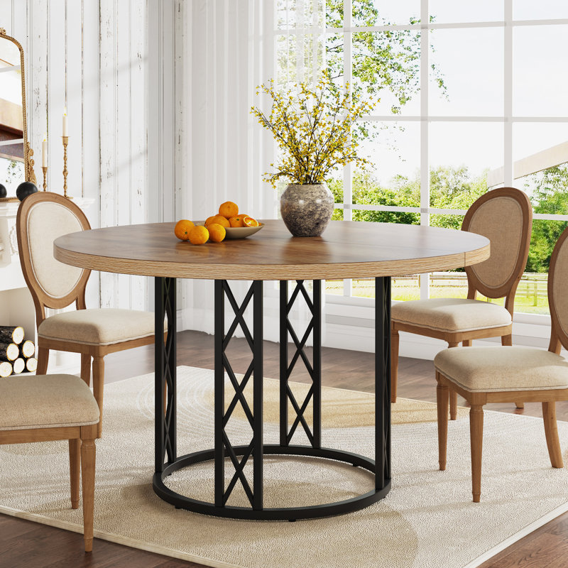 Round Unfinished Metal Base Dining Table, Light Brown