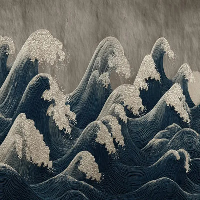 Oriental Navy Ocean Wave Mural Wallpaper – Japanese Style Coastal Wall Art With Gold Detail For Living Room Bedroom Feature Wall