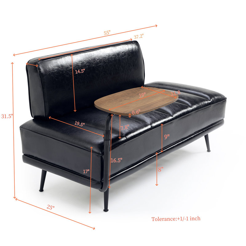 55"Inch Width Modern End of Bed Bench, Faux Leather Upholstered With side table, 360-degree Swivel tray couch, Black