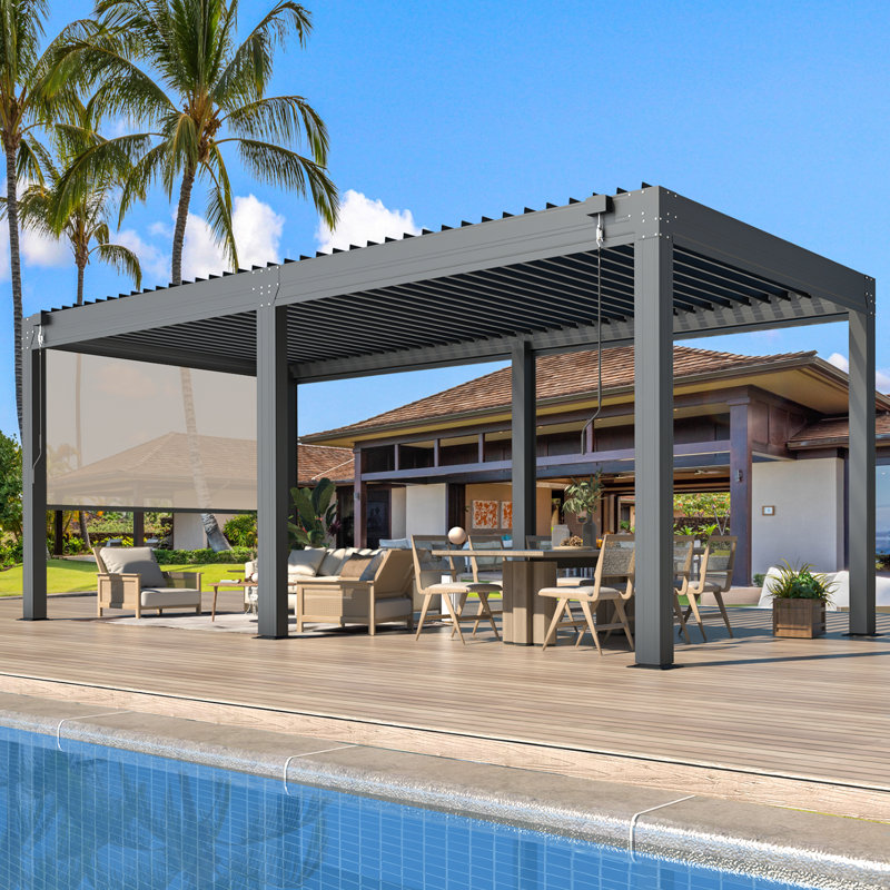 16 x 12 Ft Louvered Pergola with Pull-Down Screens, Aluminum Outdoor Gazebo with Adjustable Waterproof Roof for Patio, Deck & Hot Tub, Dark Gray