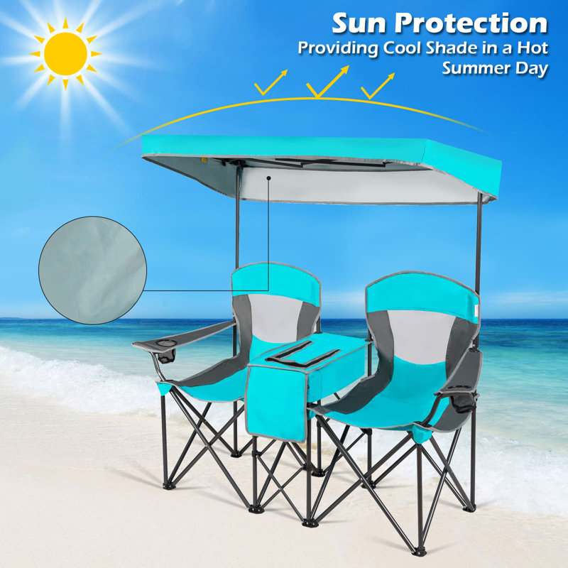 Double Sunshade Folding Chairs Outdoor 2-Person Chairs, Teal